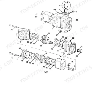 JCB A series, R series hydraulic double pump exploded view showing dismantling, inspection and assembly components.