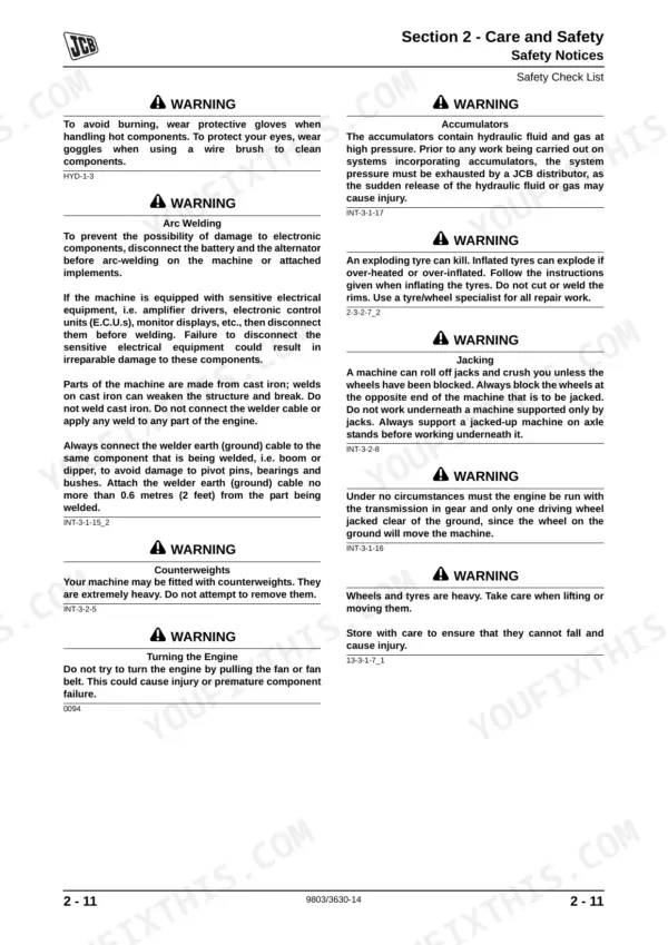JCB A series, R series service manual page showing safety notices for welding, accumulators, jacking, and counterweights.