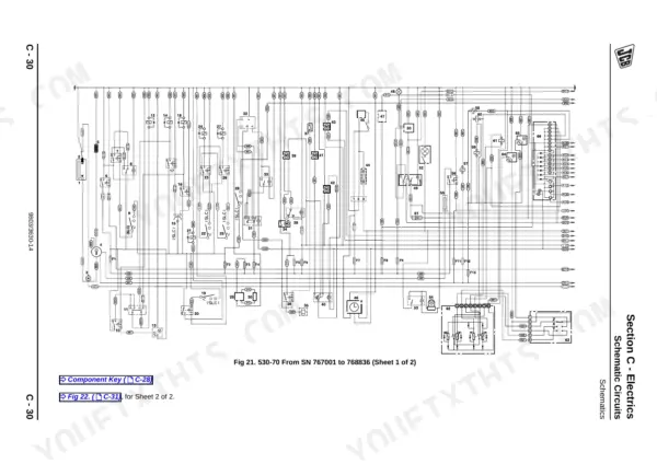 JCB A series, R series electrical wiring schematic for 530-70 models SN 767001 to 768836, sheet 1 of 2.
