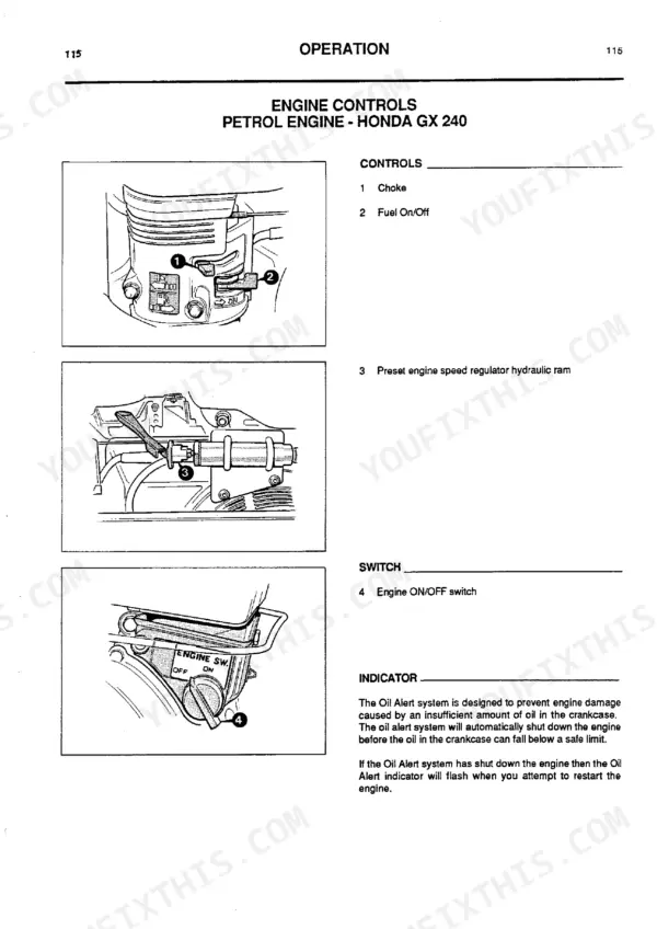 JCB Beaver Mk I, Mk II, MRS power pack Honda GX240 engine controls, choke, fuel, speed regulator, and switch.
