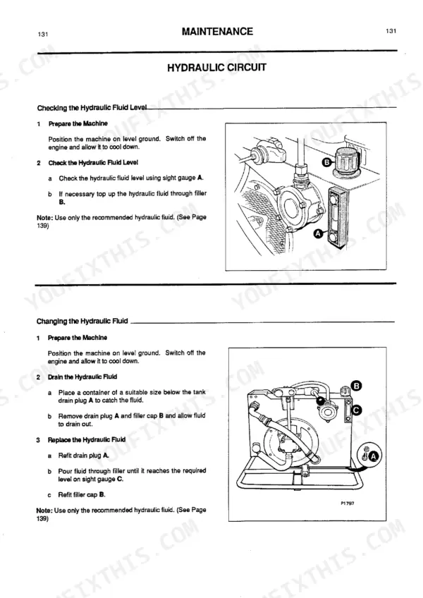 JCB Beaver Mk I, Mk II, MRS hydraulic circuit maintenance: checking fluid level and changing hydraulic fluid procedures.