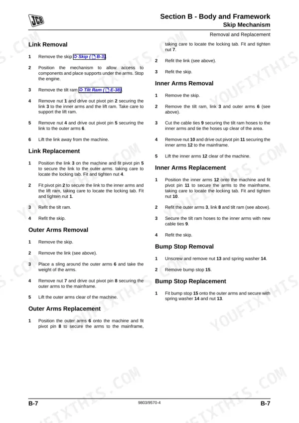 JCB Dumpster HTD5, DUMPSTER service manual: removal and replacement procedures for skip mechanism links, arms, and bump stops.