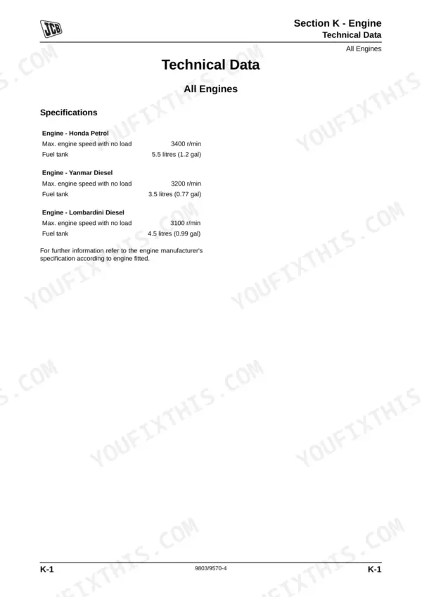 JCB Dumpster HTD5, DUMPSTER engine technical data specifications for Honda, Yanmar, and Lombardini engine models.