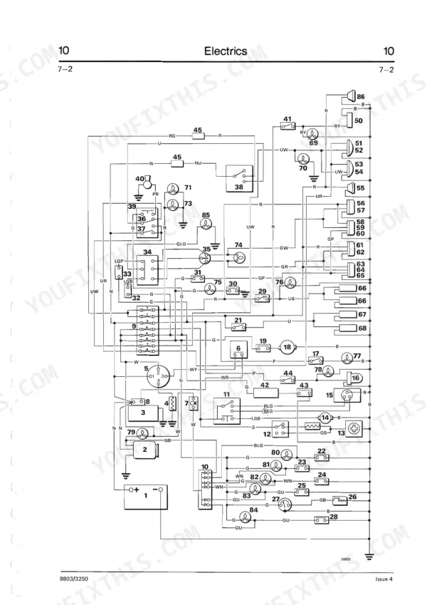 JCB EXCAVATOR LOADER, 3C, 3CX, 3D, 3CX Turbo Sitemaster, 4C Turbo, 4CN, 3C 1400B, 3C 1550B, 3D 1700B, 4/98NT, 4/98TT, 4.236 (LD), T4.236 (LH), T4.236 (LJ) electrical wiring diagram showing numbered components and circuits.