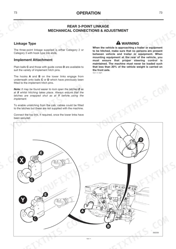 JCB Fastrac 2140 rear 3-point linkage operation, showing implement attachment, latch adjustment, and hook connection points.
