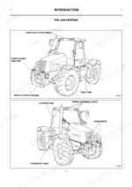 JCB Fastrac 2140 introduction diagram showing cab, PTO, 3-point linkage, fuel tank, hydraulic tank, and lighting components.