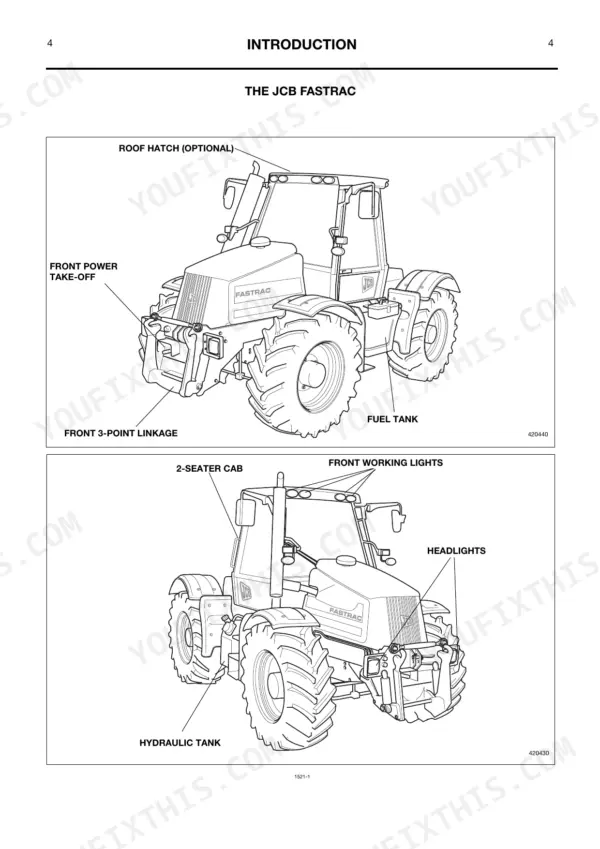 JCB Fastrac 2140 introduction diagram showing cab, PTO, 3-point linkage, fuel tank, hydraulic tank, and lighting components.