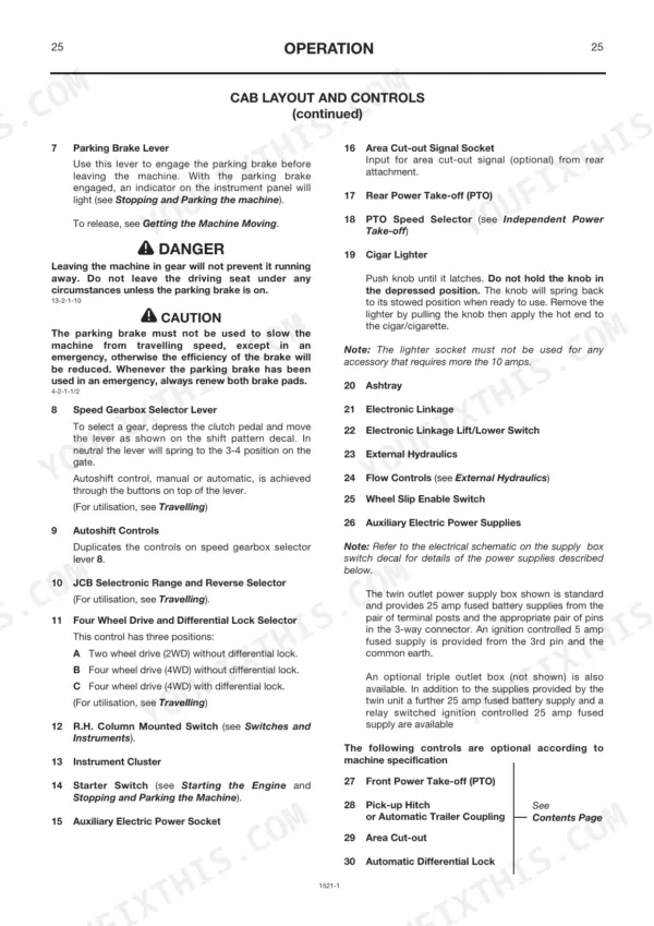 JCB Fastrac 2140 operator manual page detailing cab layout and controls including parking brake, gear selector, and PTO.