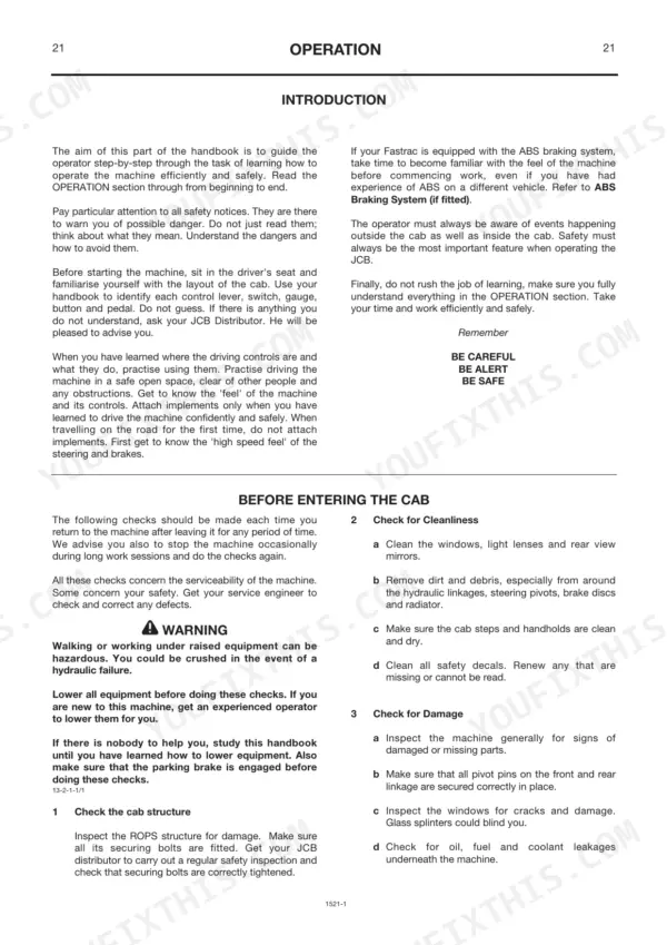 JCB Fastrac 2140 operation manual page covering pre-entry cab checks, ROPS inspection, and machine damage safety procedures.