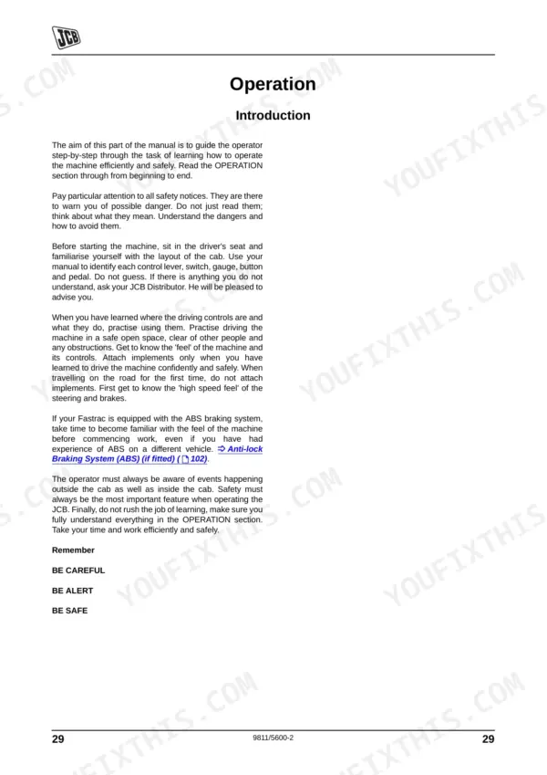 JCB Fastrac 2155, 2170 operator manual introduction page covering machine operation safety and control familiarization.