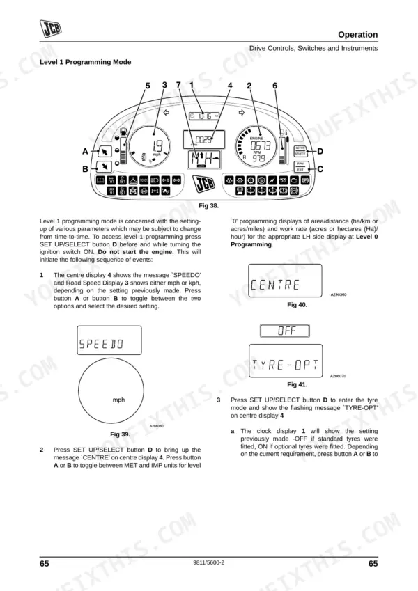 JCB Fastrac 2155, 2170 instrument cluster Level 1 programming mode procedures for speed, units, and tyre options settings.