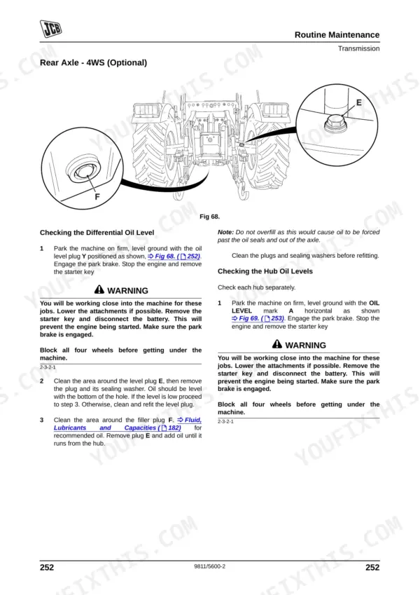 JCB Fastrac 2155, 2170 maintenance manual: checking rear axle differential and hub oil level procedures and diagrams.