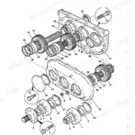 JCB FASTRAC 1115, 1115S, 1125, 1135: Exploded view diagram of the front PTO gear assembly and housing components.