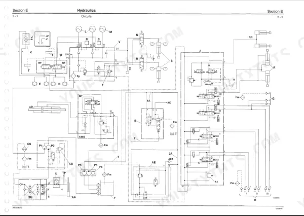 JCB FASTRAC 1115, 1115S, 1125, 1135 hydraulic circuit diagram showing pumps, control valves, and system actuators.