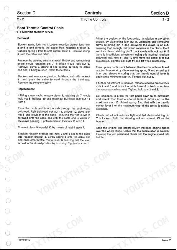 JCB FASTRAC 1115, 1115S, 1125, 1135 service manual foot throttle control cable procedure.