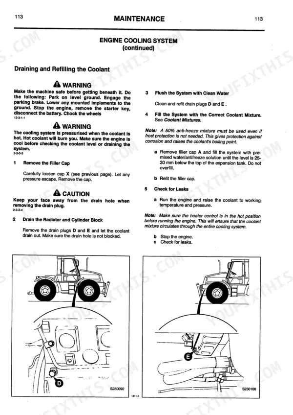 JCB FASTRAC 1115, 1135 engine cooling system maintenance procedure for draining and refilling the coolant.