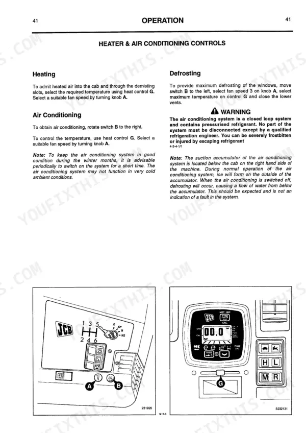 JCB FASTRAC 1115, 1135 heater and air conditioning controls operation and dashboard display diagrams.