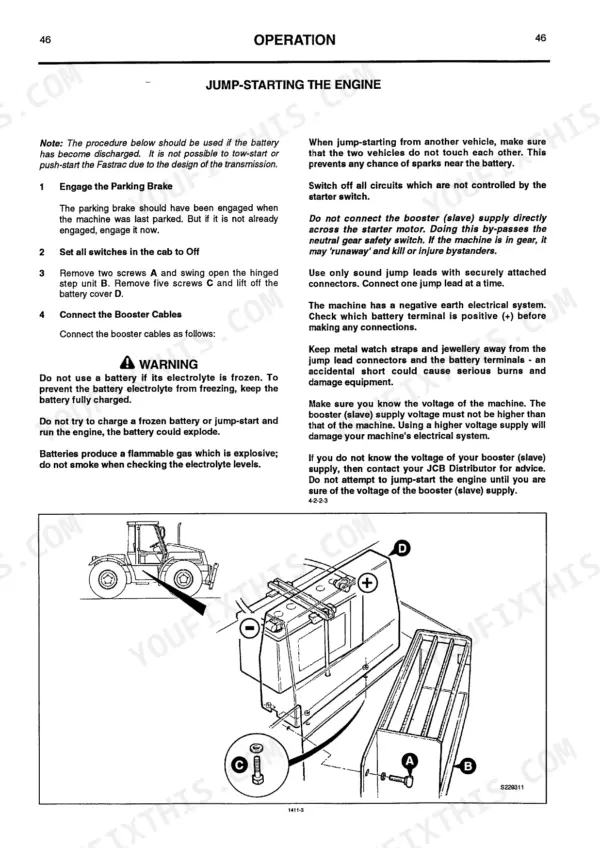 JCB FASTRAC 1115, 1135 jump-starting engine procedure, battery access, and safety instructions diagram.