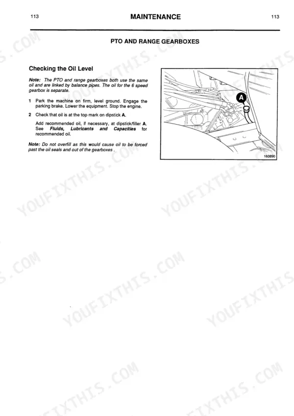 JCB FASTRAC 125, 145T maintenance procedure for checking PTO and range gearbox oil level using dipstick A.