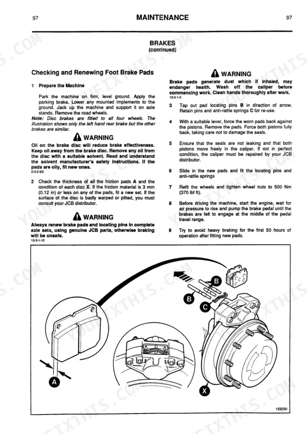 JCB FASTRAC 125, 145T maintenance manual page showing procedure for checking and renewing foot brake pads.