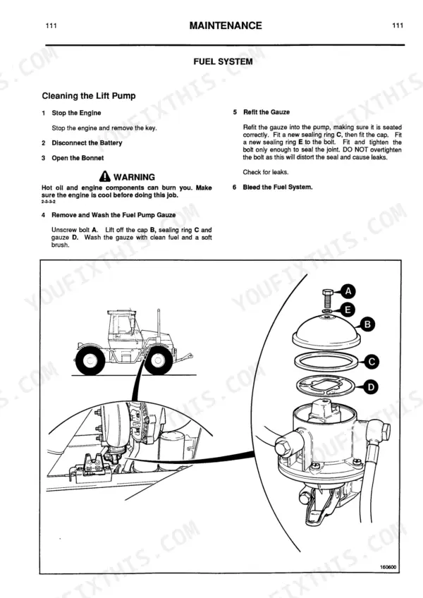 JCB FASTRAC 125, 145T maintenance procedure for cleaning the fuel lift pump gauze with exploded view diagram.