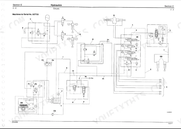 JCB FASTRAC 125, 135, 145, 150, 155, 185 hydraulic circuit diagram for machines up to serial number 637733.