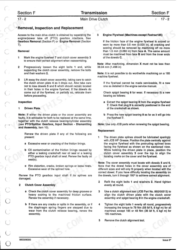 JCB FASTRAC 125, 135, 145, 150, 155, 185 service manual: Main drive clutch removal, inspection, and replacement procedures.