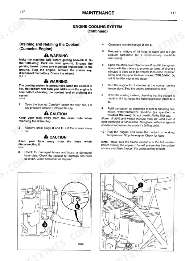 JCB FASTRAC 125, 135, 155, 185 maintenance manual: Cummins engine cooling system draining and refilling procedures.