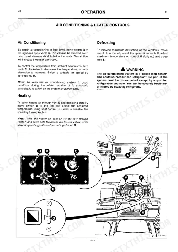 JCB FASTRAC 125, 135, 155, 185 air conditioning and heater controls operation guide with dashboard component diagram.