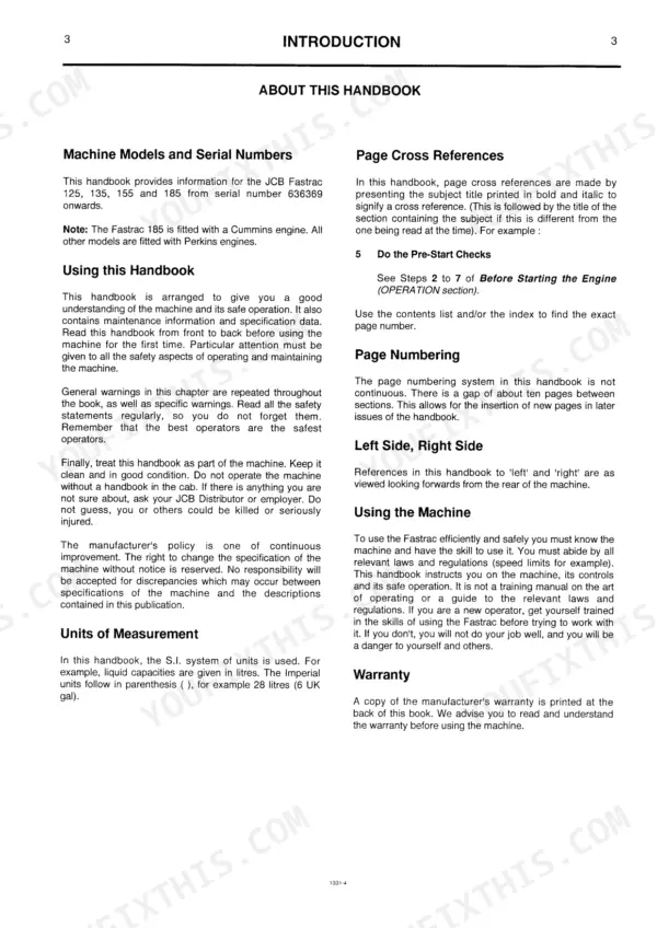 JCB FASTRAC 125, 135, 155, 185 introduction page covering handbook usage, serial numbers, and conventions.