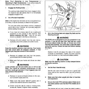 JCB FASTRAC 135, 155, 185 operator manual page showing pre-start engine inspection and steering column adjustment.