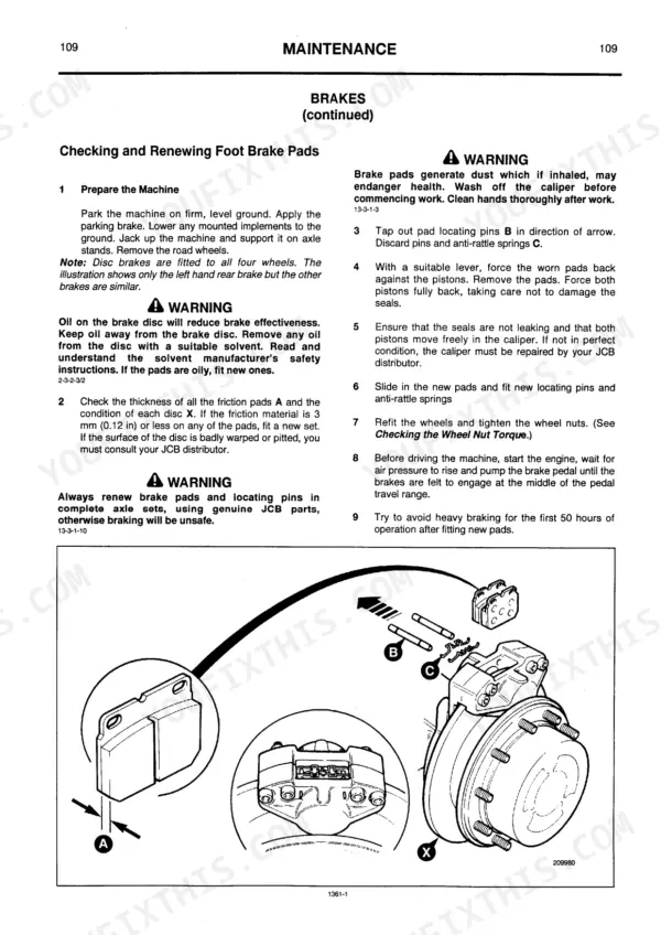 JCB FASTRAC 135, 155, 185 maintenance manual page showing foot brake pad replacement procedure and diagram.