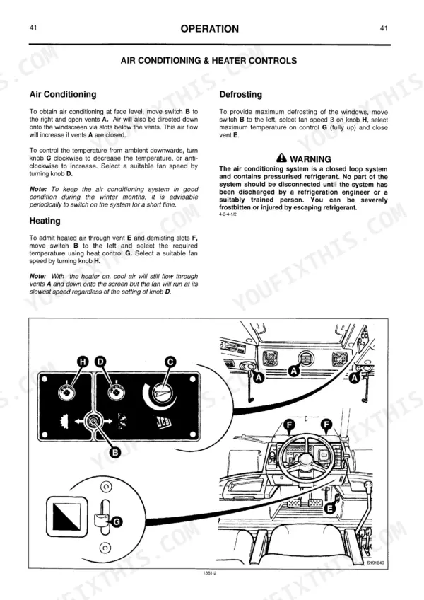 JCB FASTRAC 135, 155, 185 air conditioning and heater controls operation and dashboard diagram.