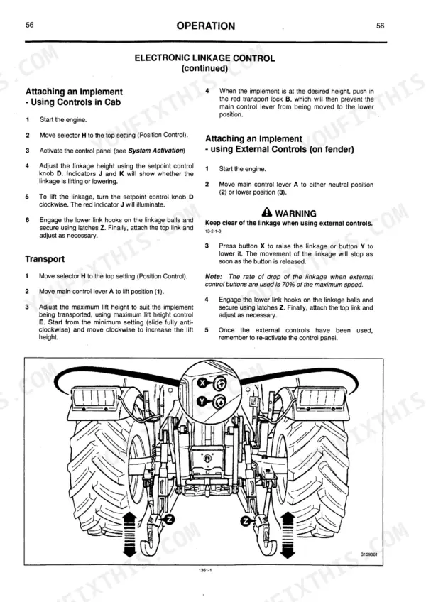 JCB FASTRAC 135, 155, 185 electronic linkage control procedures for attaching implements via cab and fender controls.