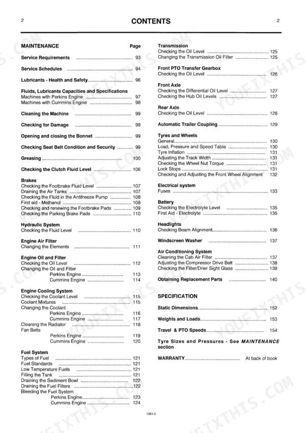 JCB FASTRAC 135, 155, 185 service manual table of contents for maintenance and specifications sections.