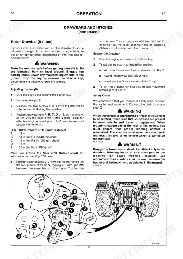 JCB Fastrac 3155, 3185 roller drawbar adjustment procedure, hitch point-to-PTO table, and component diagram.