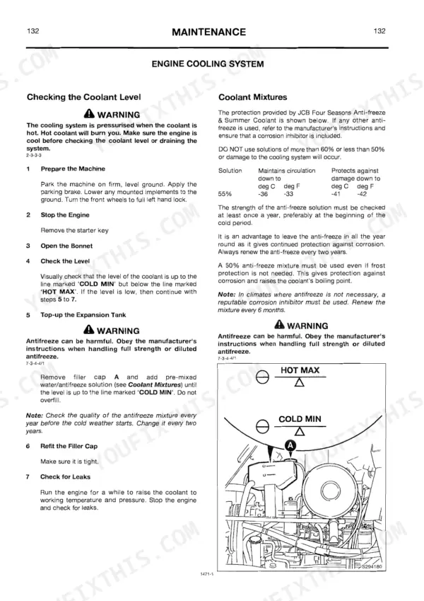 JCB Fastrac 3155, 3185 maintenance manual: engine cooling system coolant level check and mixture table.