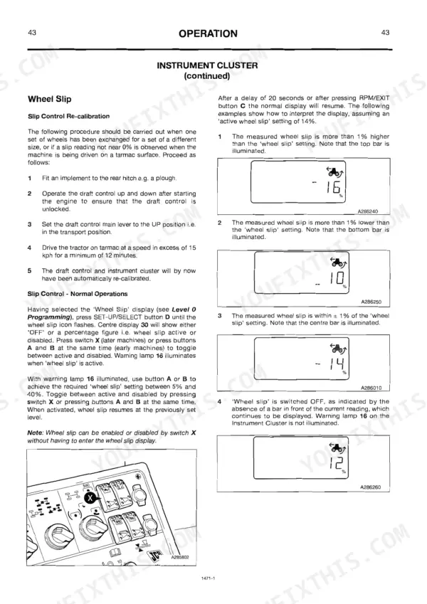 JCB Fastrac 3155, 3185 instrument cluster wheel slip calibration and operation procedures with display diagrams.