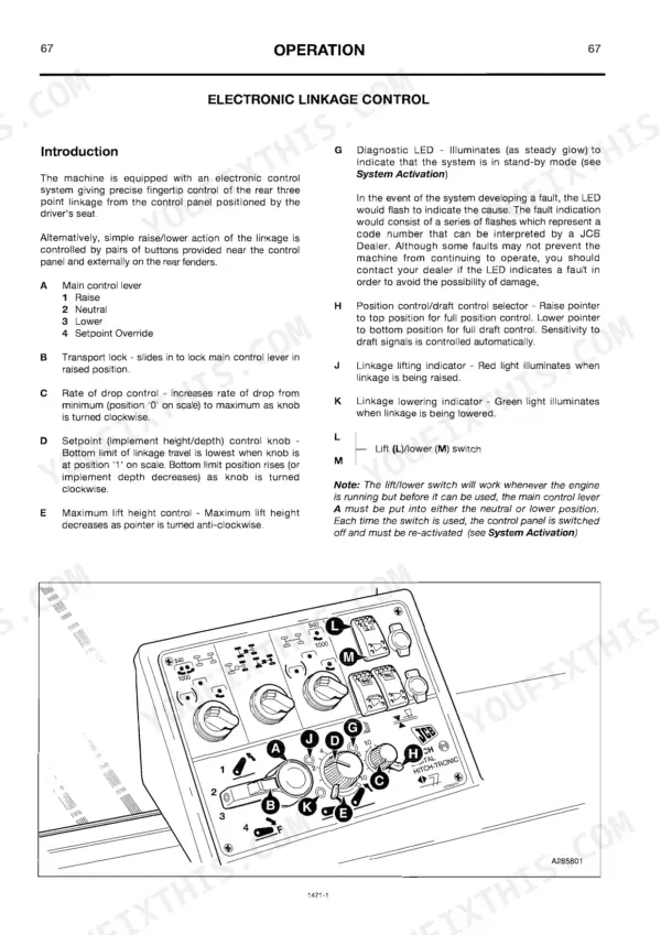 JCB Fastrac 3155, 3185 electronic linkage control operation guide and control panel diagram.