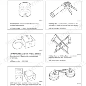JCB Fastrac 2115-3185 service manual: Body and Framework service tools, including hand cleaner, cartridge gun, ovens, and glass lifters.