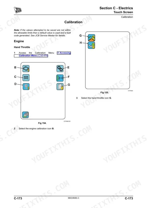 JCB Fastrac 7000 Series calibration procedure for engine hand throttle using touch screen menu icons and diagrams.
