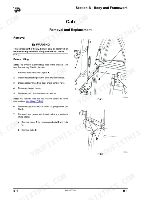 JCB Fastrac 7170-7270 cab removal and replacement procedure, including diagrams for panel A, B, C, and D bolt locations.