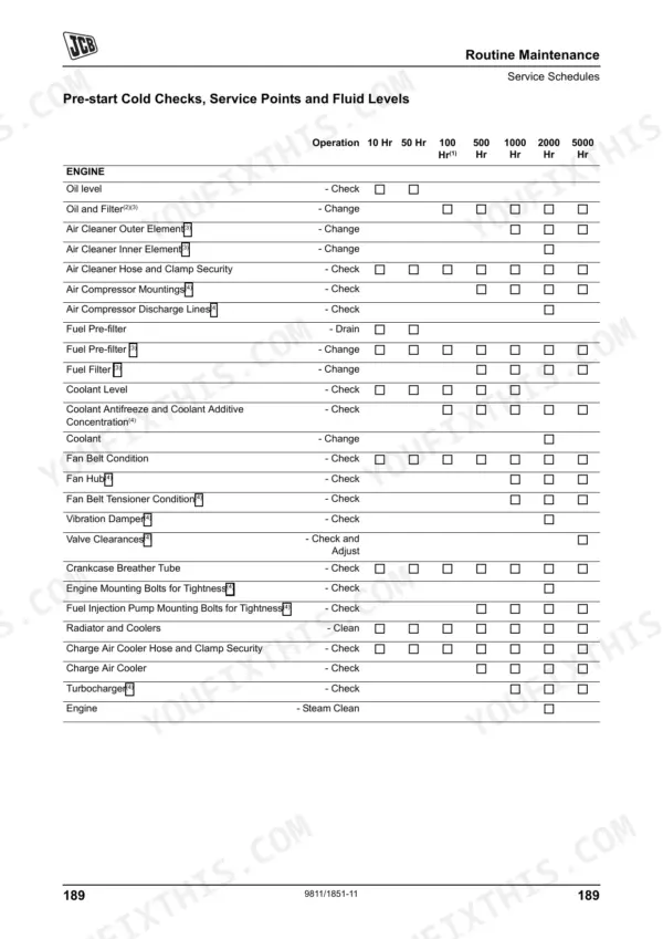JCB FASTRAC 7170, 7200, 7230, 7270 routine maintenance service schedule table for engine components and fluid intervals.