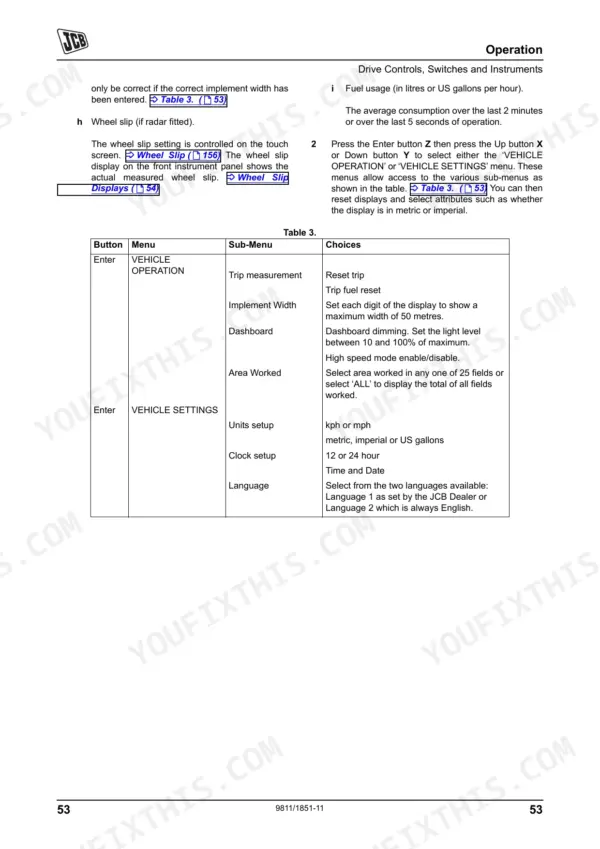 JCB FASTRAC 7170, 7200, 7230, 7270 operation manual table for vehicle settings, menus, and display configuration.