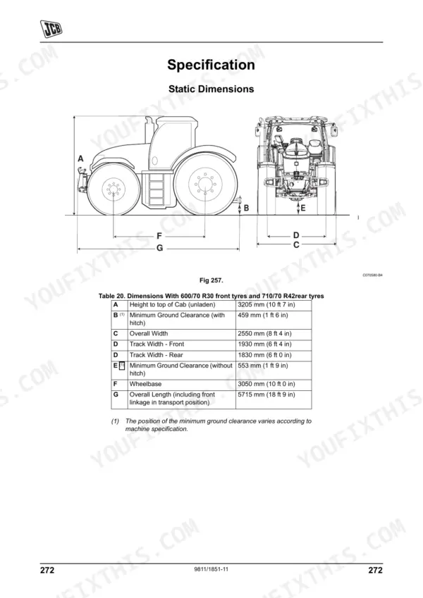 JCB FASTRAC 7170, 7200, 7230, 7270 static dimensions diagram and specification table for tractor length, width, and height.