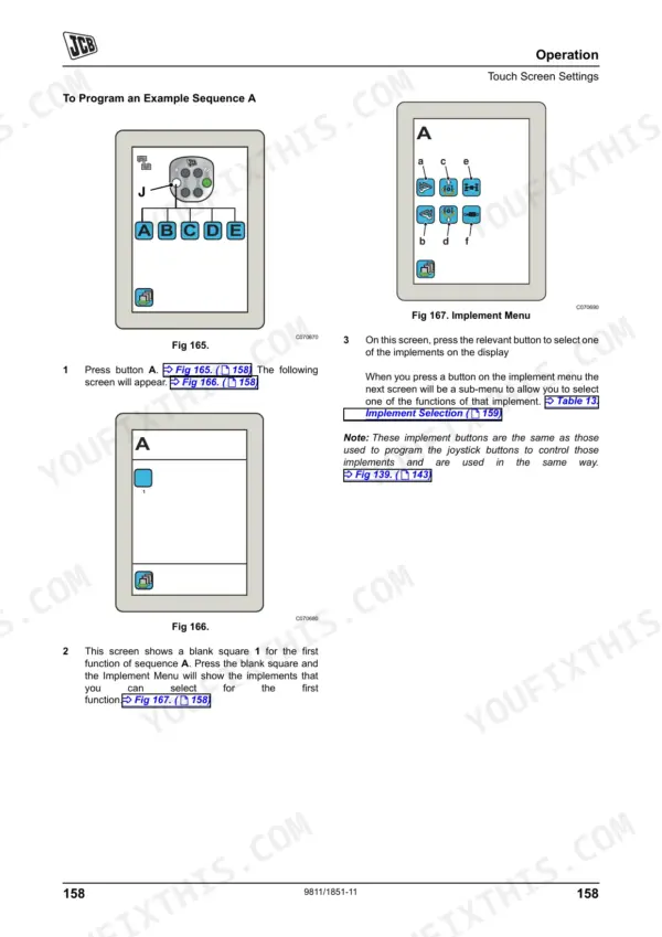 JCB FASTRAC 7170, 7200, 7230, 7270 touch screen operation manual showing sequence programming and implement menu diagrams.