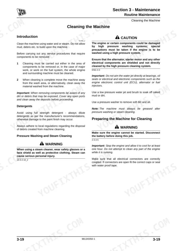 JCB Fastrac 8280, 8310 maintenance manual page detailing procedures for cleaning the machine and pressure washing.