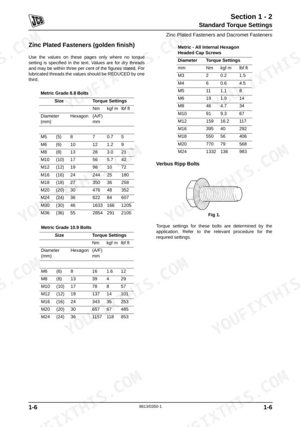 JCB Fastrac 8280, 8310 standard torque settings tables for metric grade 8.8, 10.9 bolts and internal hexagon screws.