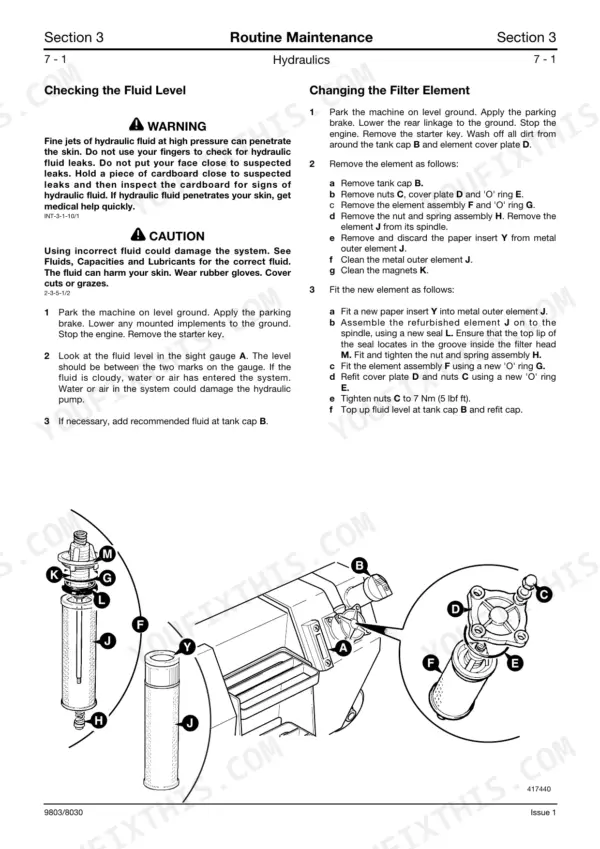 JCB Fastrac 3170-3230 manual: hydraulic fluid level check and filter element replacement procedures with component diagrams.