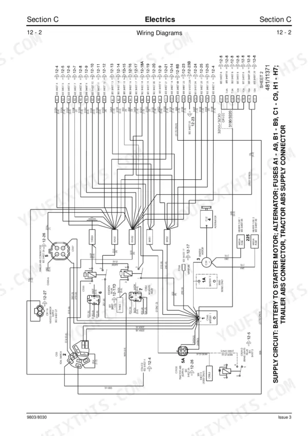 JCB Fastrac 3170, 3190, 3200, 3220, 3230 wiring diagram for battery, starter motor, alternator, fuses, and ABS connector.